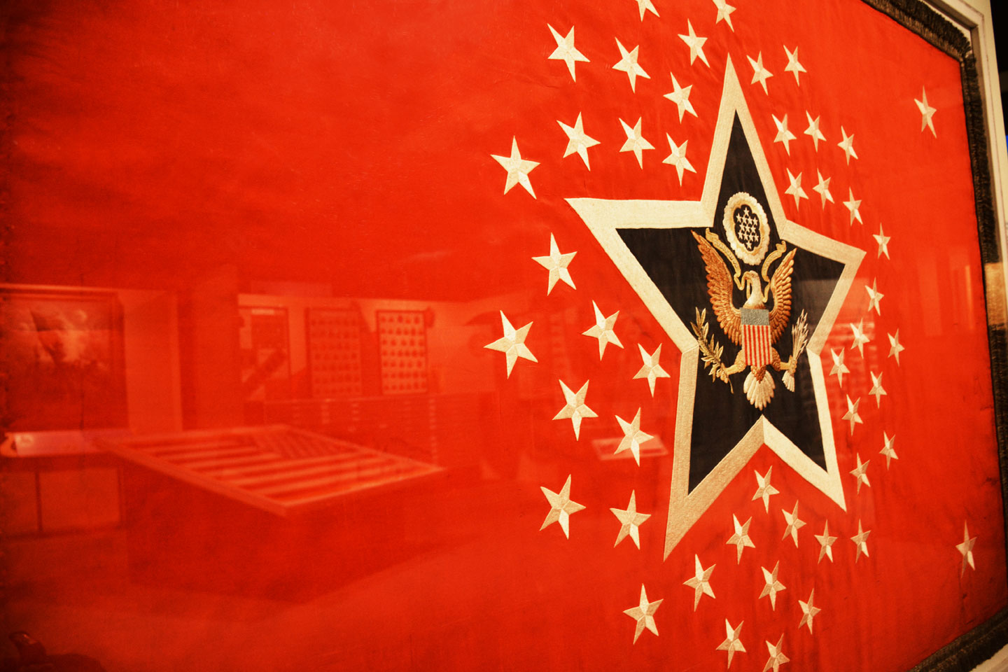 A red flag on a wall at the US Army Quartermaster Museum.